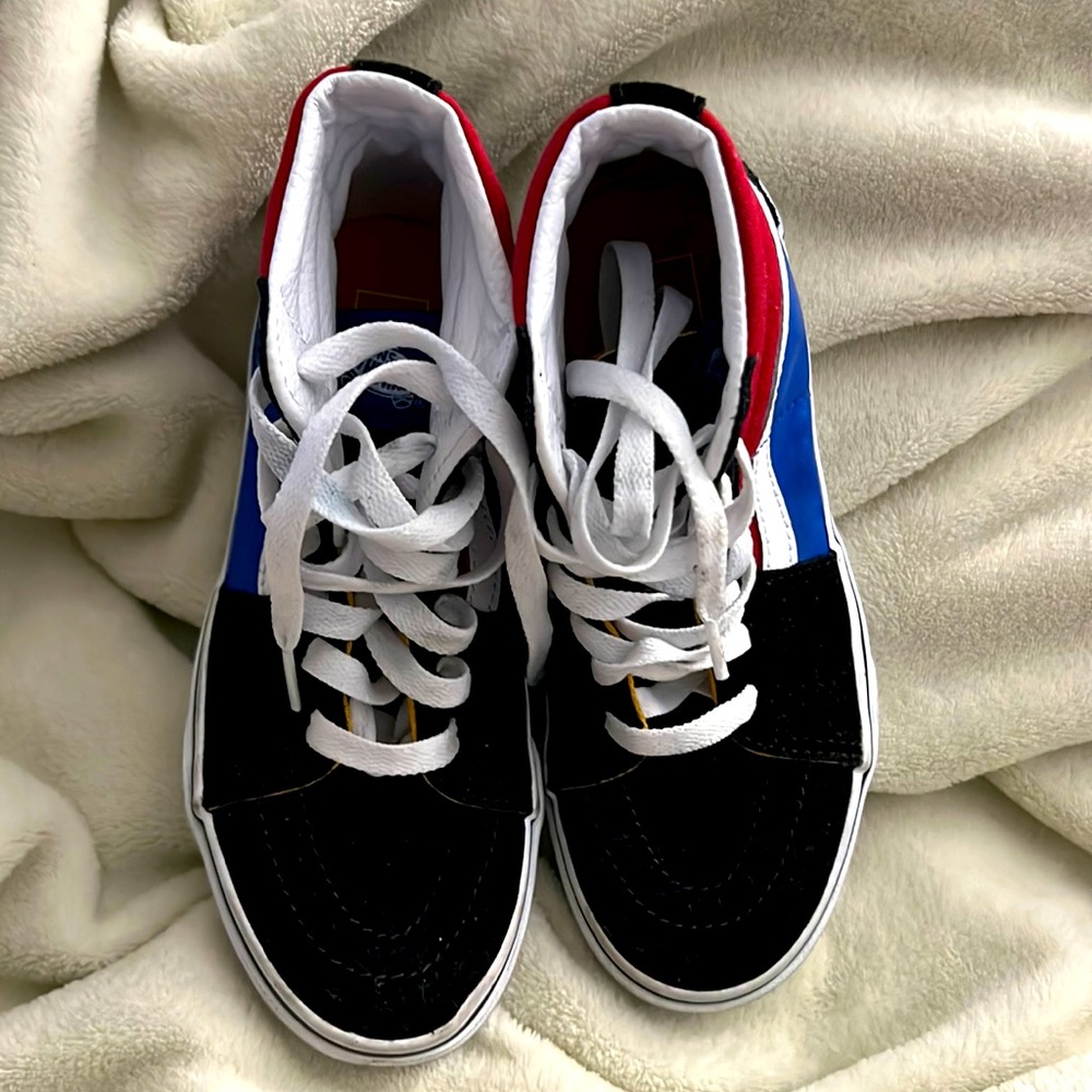Vans- Black/Chili-pepper/Blue. Sk8-Hi-Tops. Kids Size 2.5. Worn a few times.